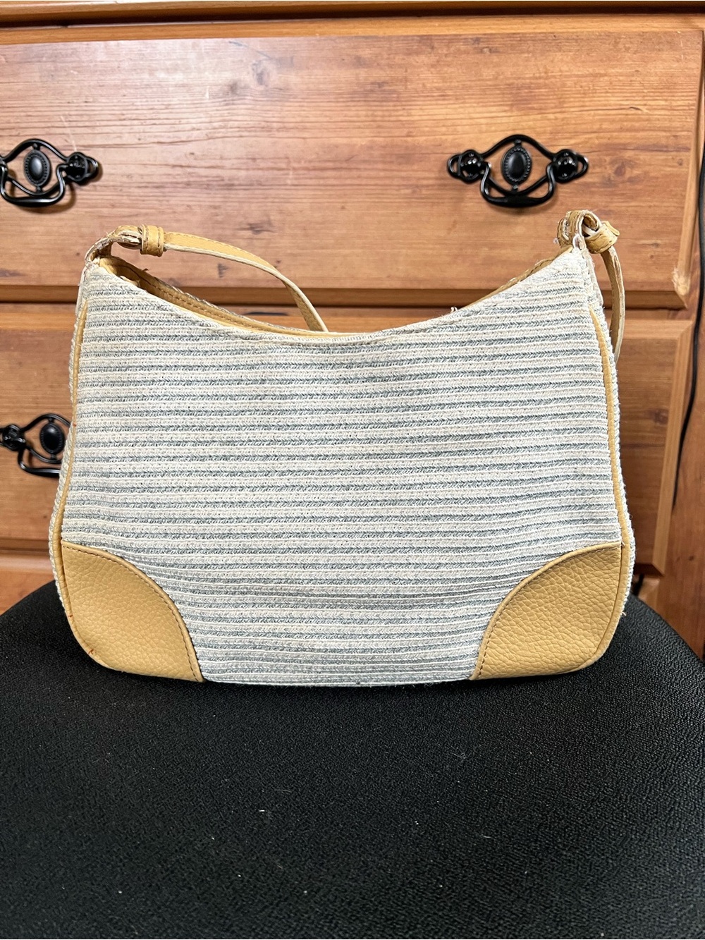 Liz Claiborne Neutral Striped Shoulder Bag with Yellow Trim